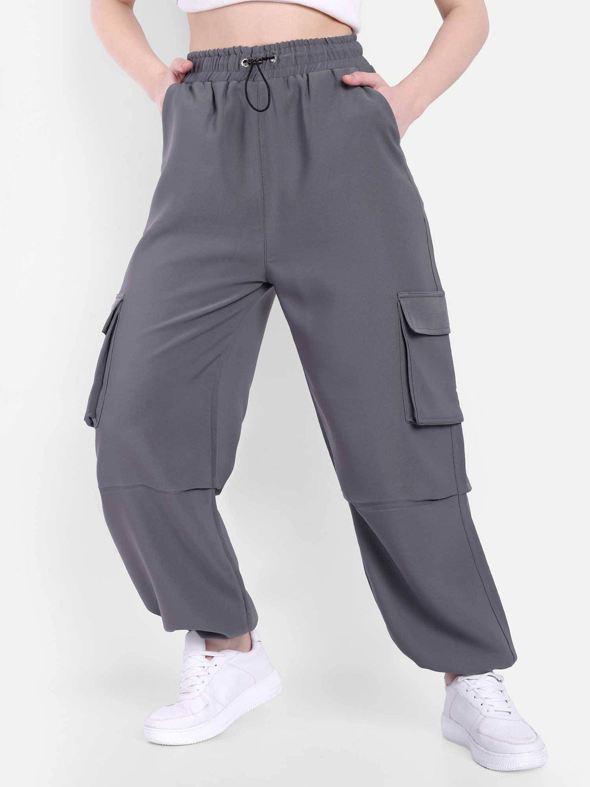 Women Dark Grey Color Baggy Fit Parachute Joggers | WJ89 - view 1