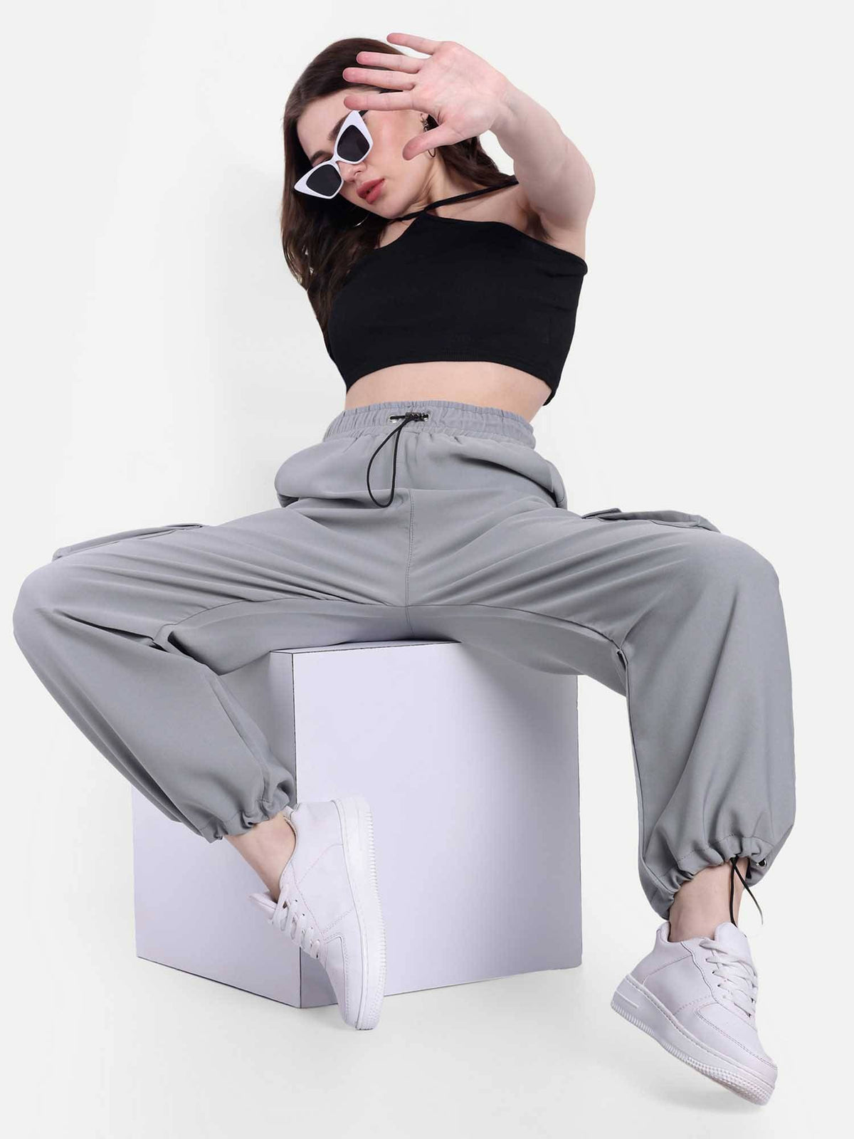 Women Light Grey Color Baggy Fit Parachute Joggers | WJ89 - view 4