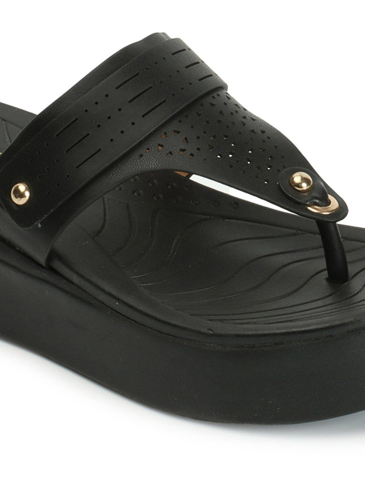 Black Slip On Laser Cut Comfortable Sandal | SD89 - view 2