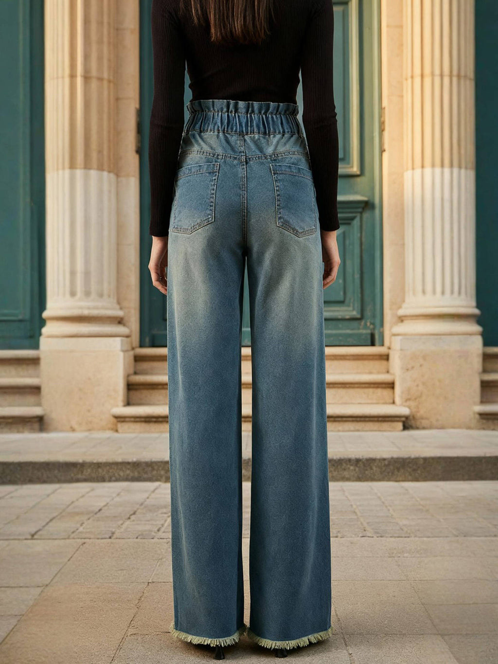 Blue Wash Paper Bag Waist Straight Fit Jeans | BG78 - view 2