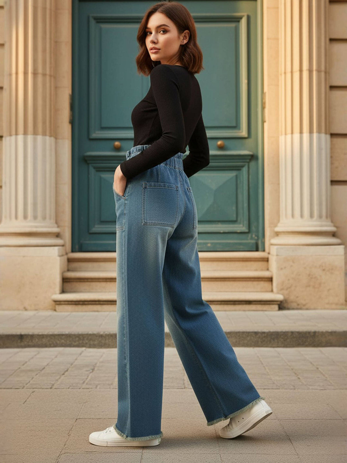 Blue Wash Paper Bag Waist Straight Fit Jeans | BG78 - view 4