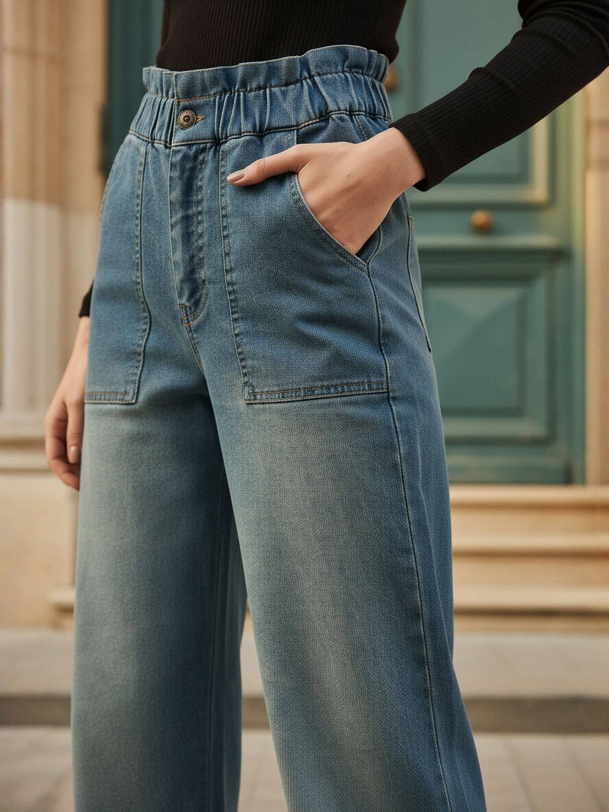 Blue Wash Paper Bag Waist Straight Fit Jeans | BG78 - view 5
