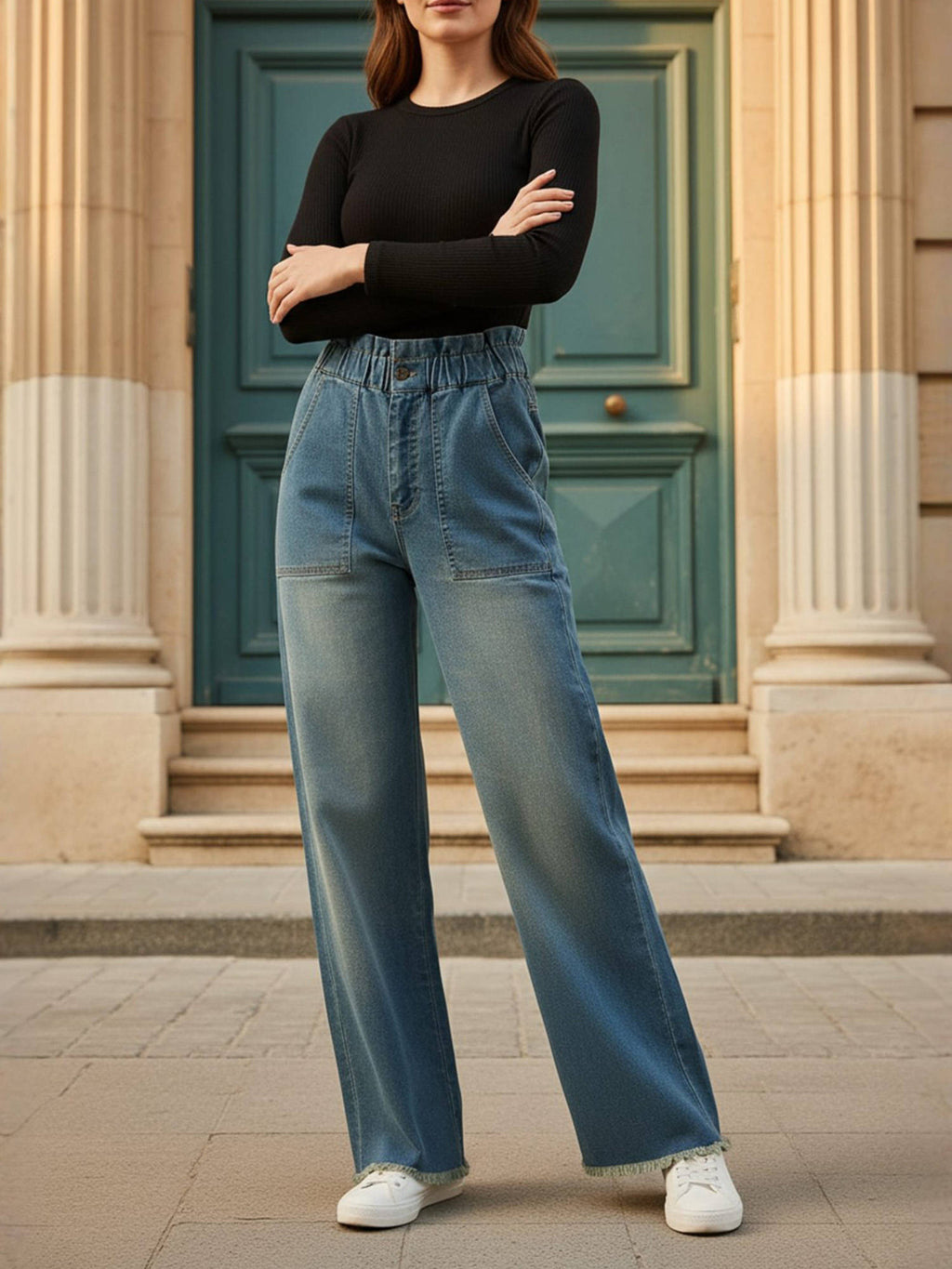 Blue Wash Paper Bag Waist Straight Fit Jeans | BG78 - view 6