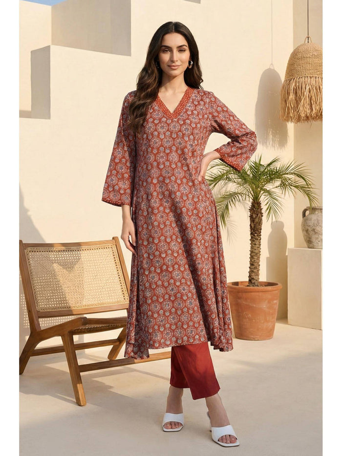 Rust Ethnic Motifs Rayon A-Line Kurta | FY93 - view 1
