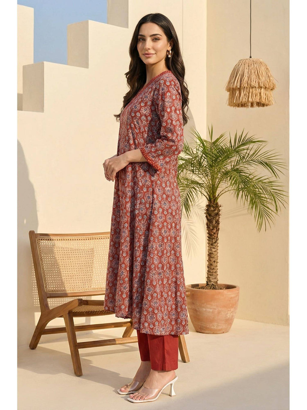 Rust Ethnic Motifs Rayon A-Line Kurta | FY93 - view 2