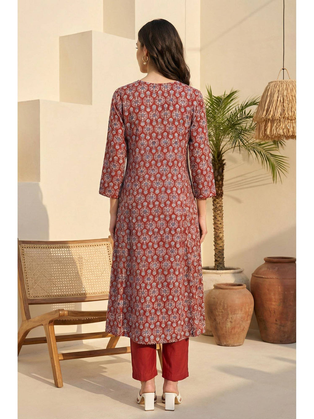 Rust Ethnic Motifs Rayon A-Line Kurta | KDG - view 3