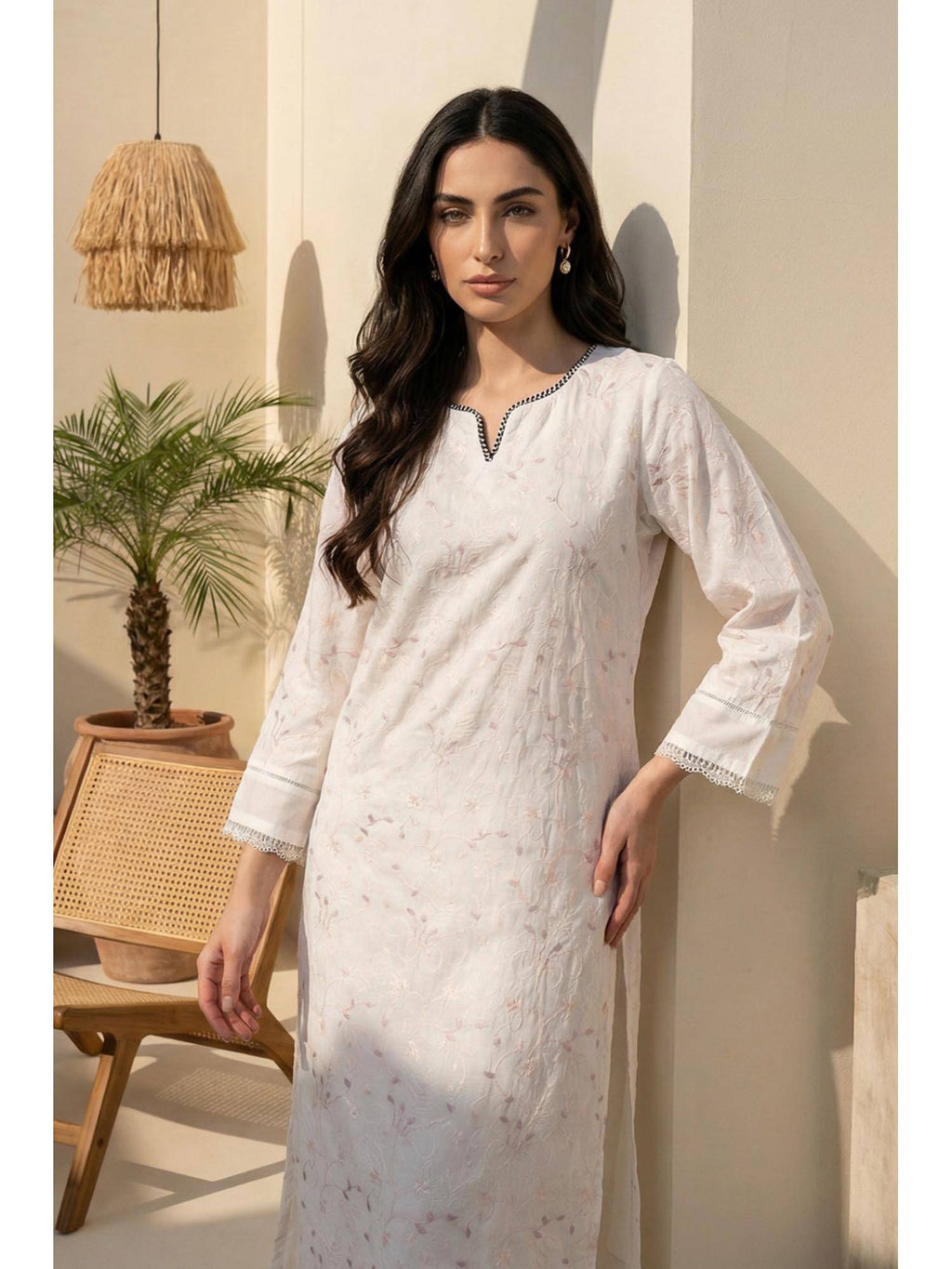 Chikankari Embroidered Sequins Pure Cotton White Straight Kurta | KDG - view 2