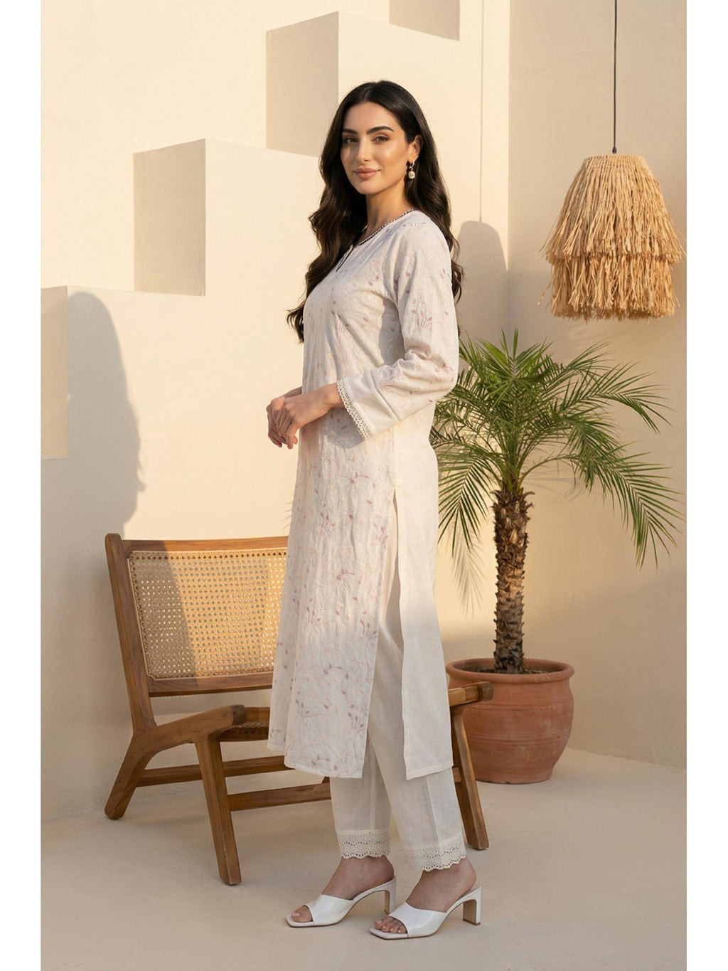Chikankari Embroidered Sequins Pure Cotton White Straight Kurta | KDG - view 4