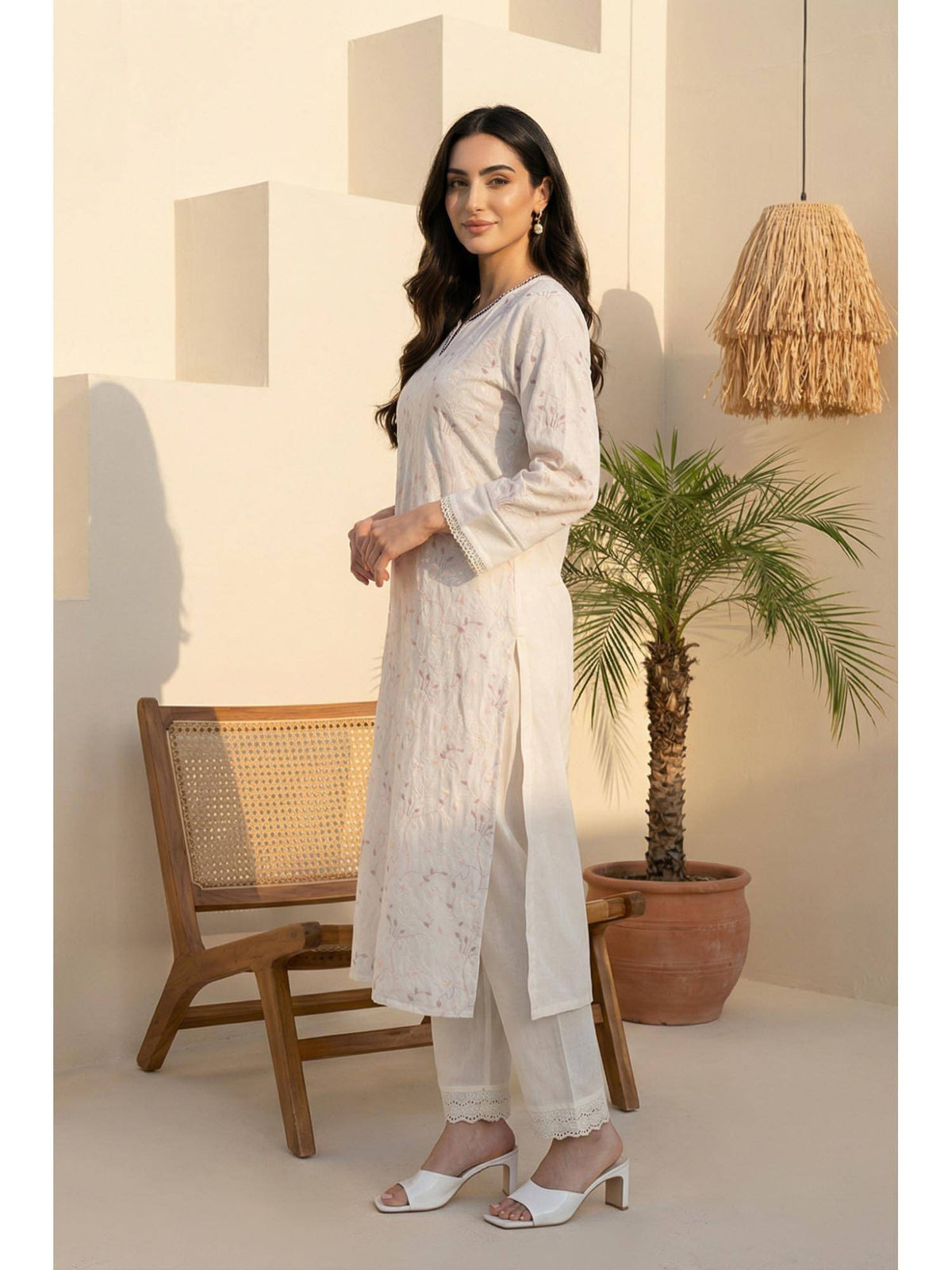 Chikankari Embroidered Sequins Pure Cotton White Straight Kurta | KDG - view 4