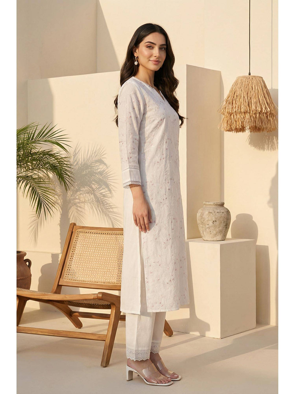 Chikankari Embroidered Sequins Pure Cotton White Straight Kurta | KDG - view 6