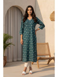 Teal Green Floral Printed Lace Pure Cotton Straight Kurta | U3S - view 1