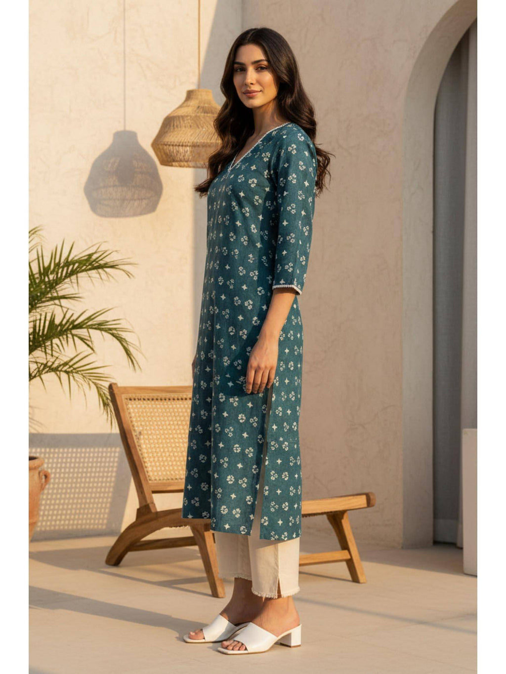Teal Green Floral Printed Lace Pure Cotton Straight Kurta | KDG - view 3