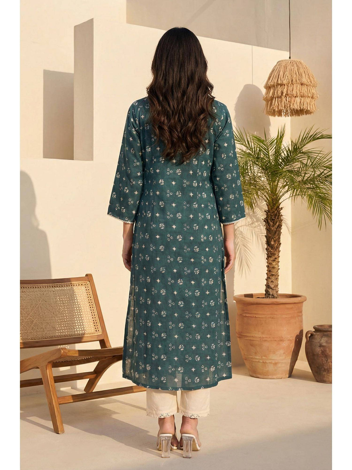 Teal Green Floral Printed Lace Pure Cotton Straight Kurta | U3S - view 4