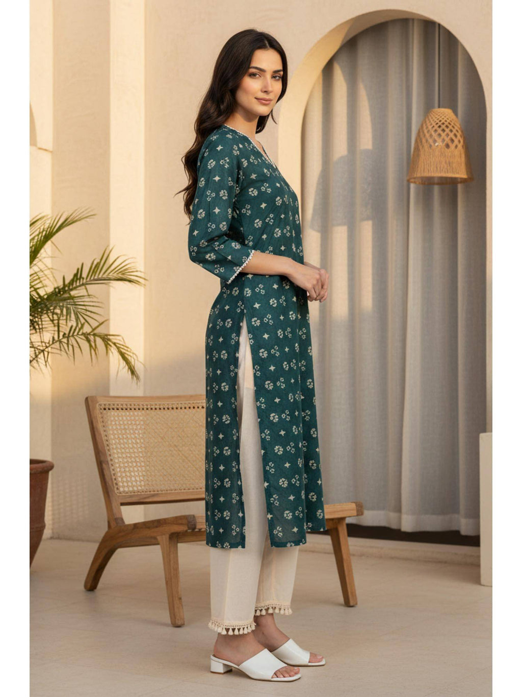 Teal Green Floral Printed Lace Pure Cotton Straight Kurta | U3S - view 5