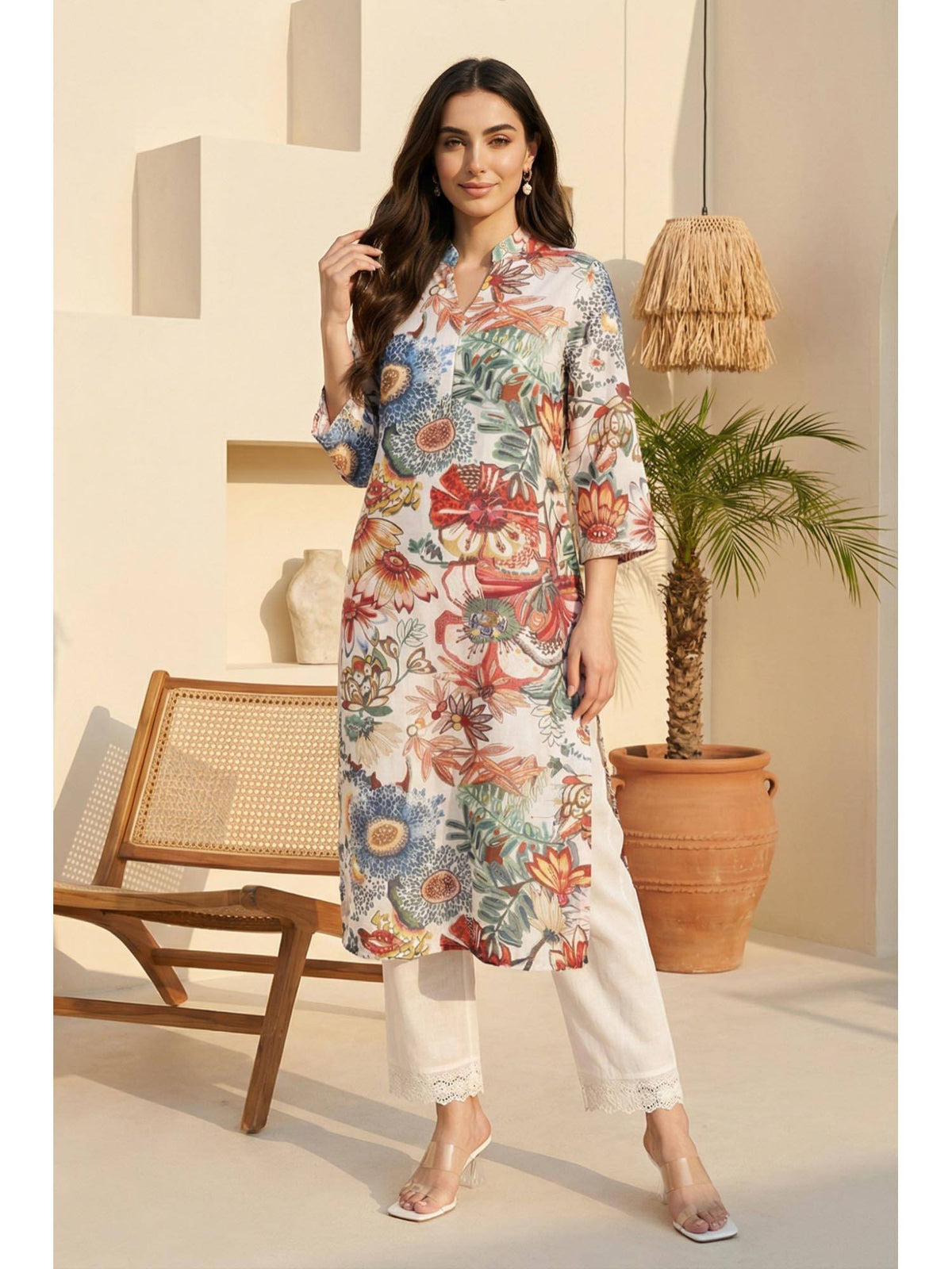 Off White Bold Floral Printed Straight Kurta | KDG - view 1