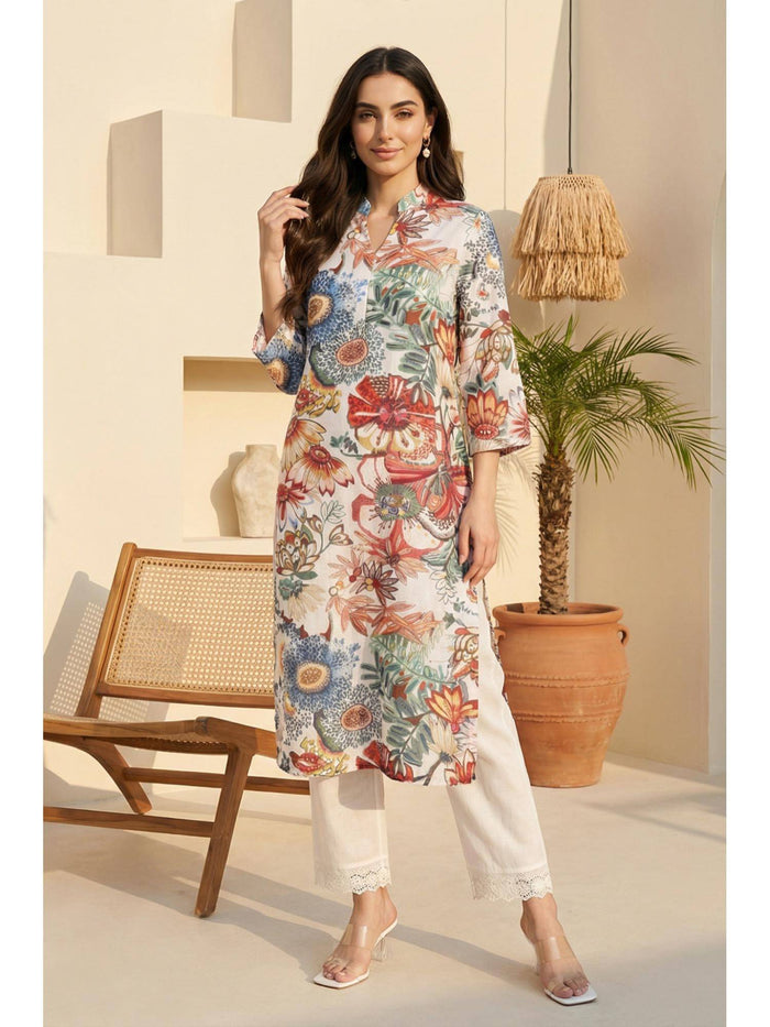 Off White Bold Floral Printed Straight Kurta | FY93 - view 1