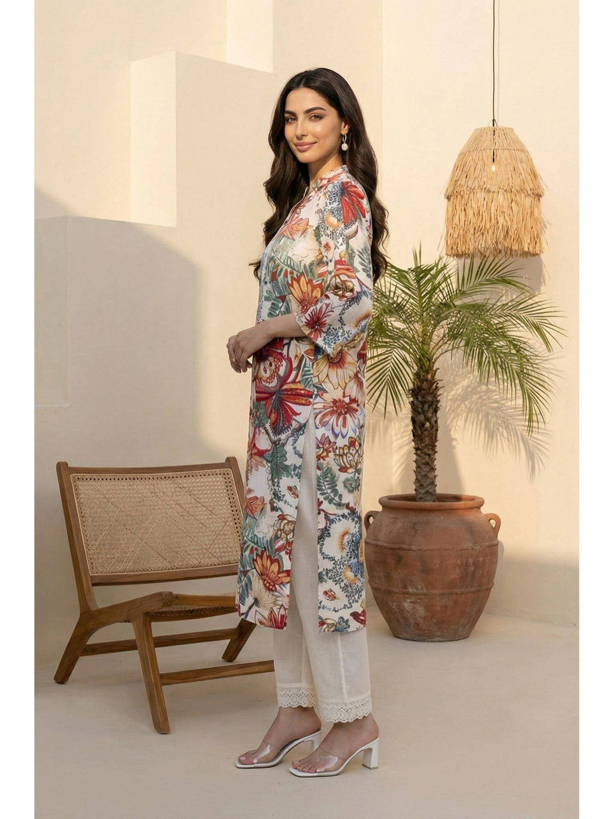 Off White Bold Floral Printed Straight Kurta | KDG - view 3