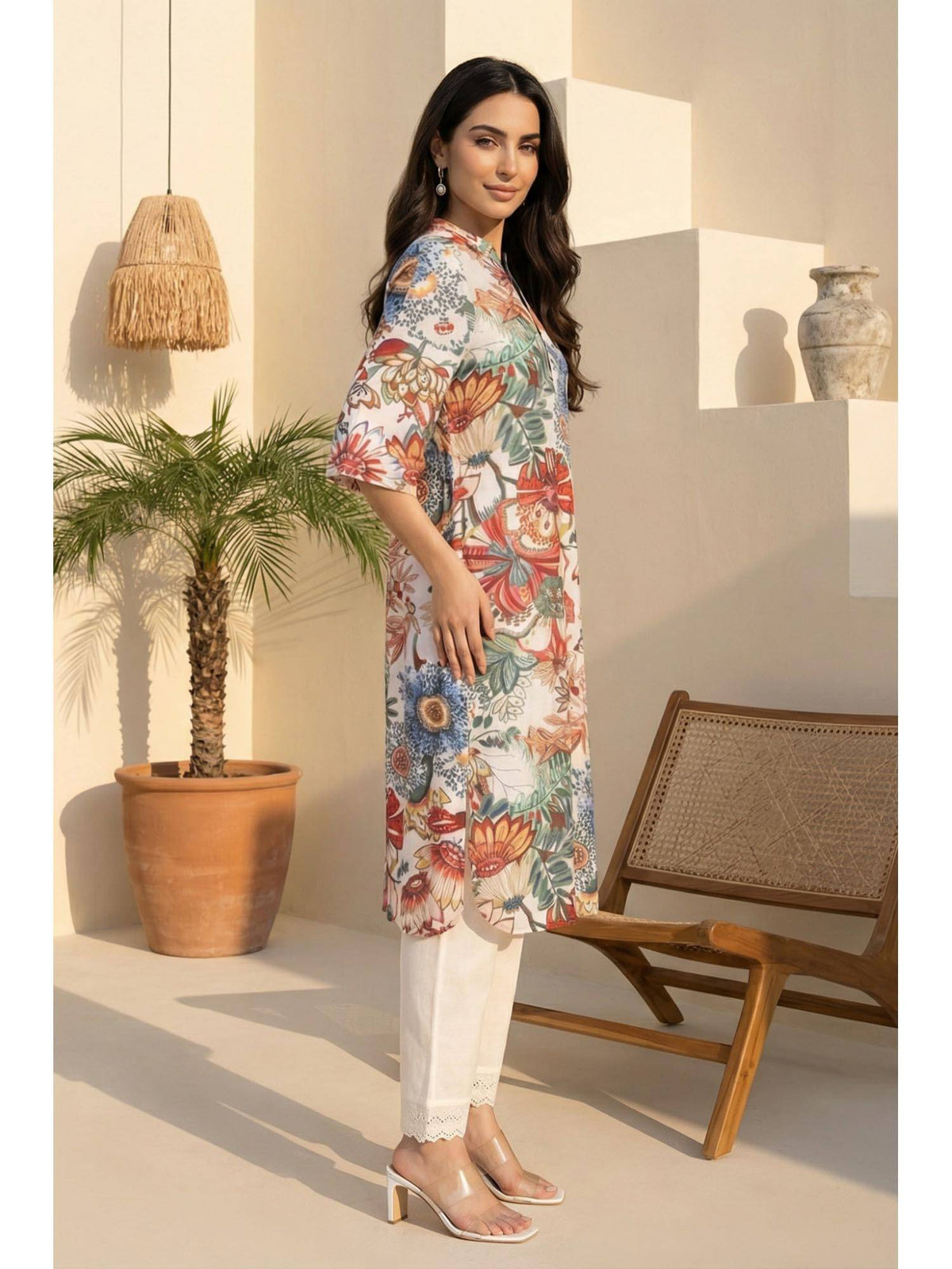 Off White Bold Floral Printed Straight Kurta | KDG - view 5