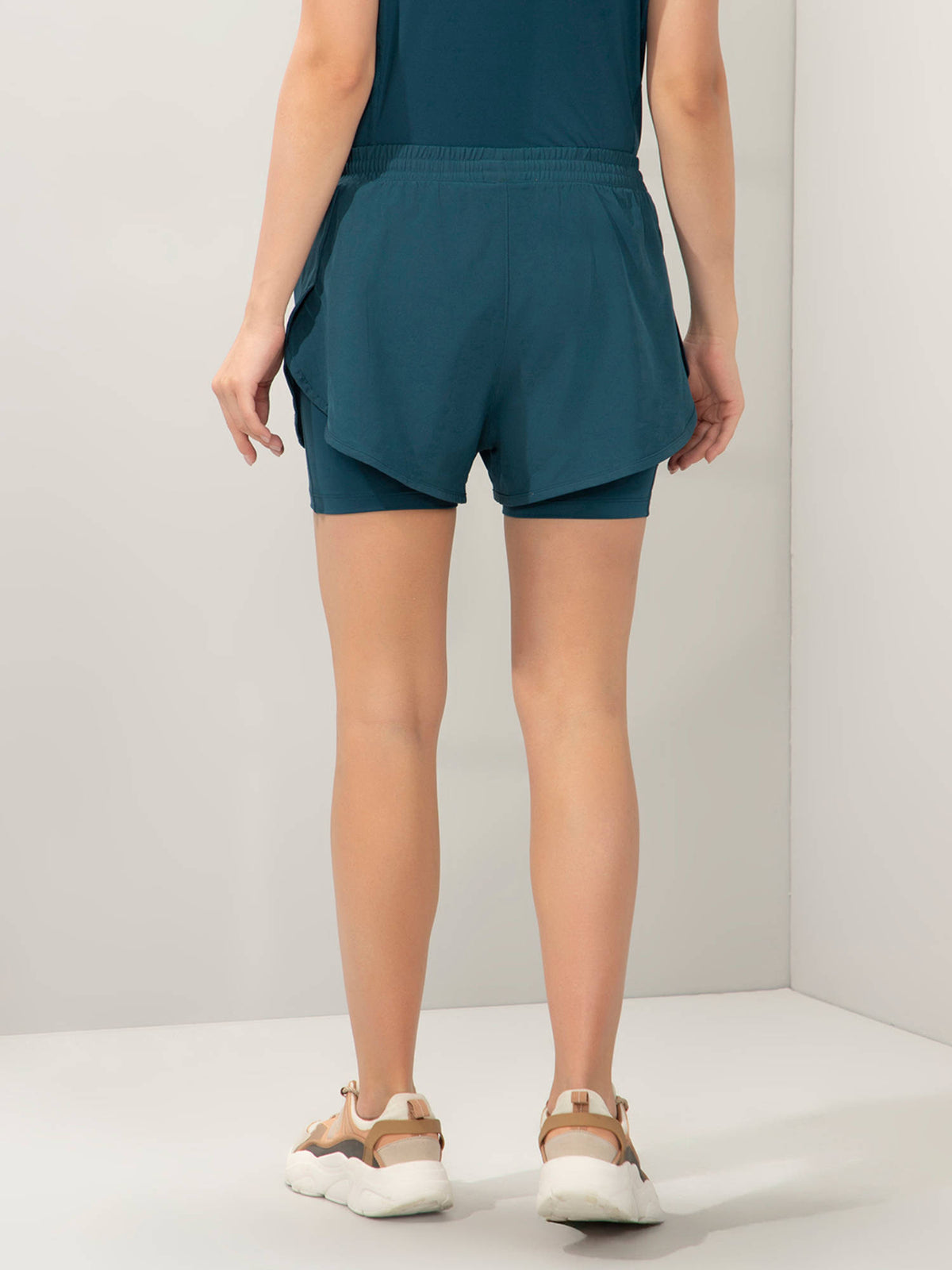 Women Teal Relaxed Fit Double Layered Active Shorts - view 2