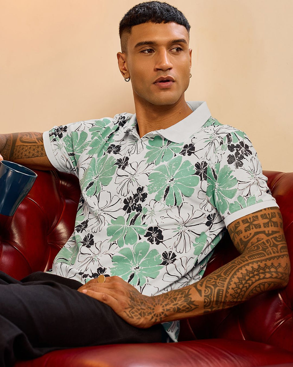 Men's White & Green All Over Printed Polo T-shirt Morrislane image 2