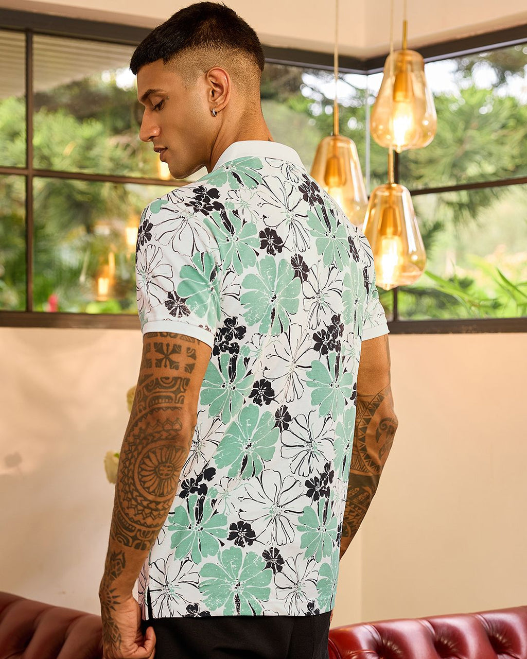 Men's White & Green All Over Printed Polo T-shirt Morrislane image 3