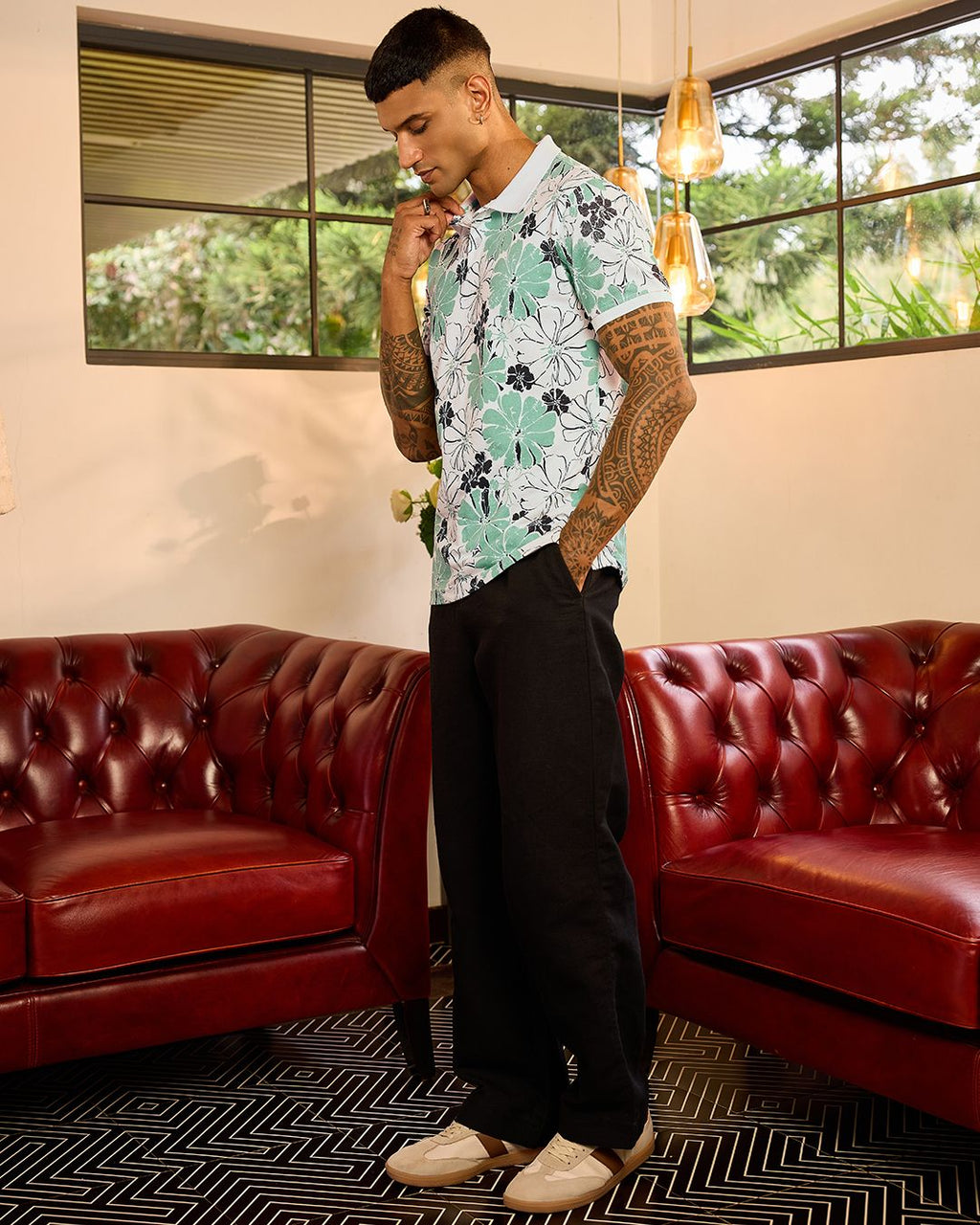 Men's White & Green All Over Printed Polo T-shirt Morrislane image 4