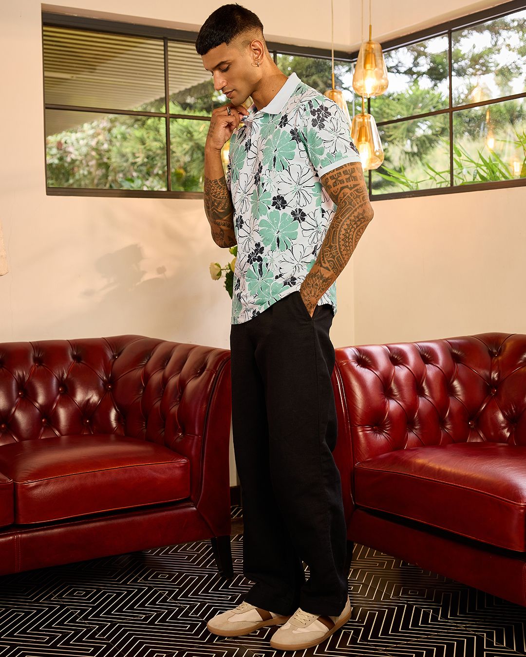 Men's White & Green All Over Printed Polo T-shirt Morrislane image 4
