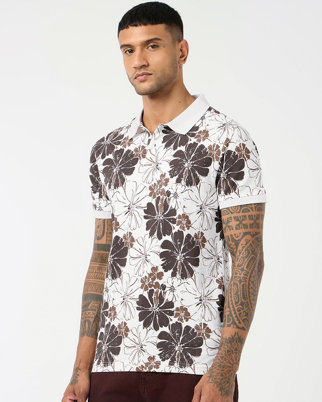 Men's White & Chocloate Brown All Over Printed Polo T-shirt Morrislane image 2