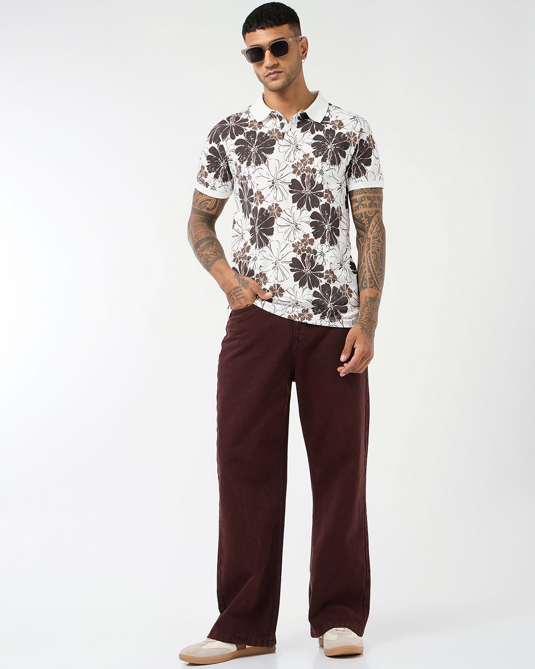 Men's White & Chocloate Brown All Over Printed Polo T-shirt Morrislane image 4