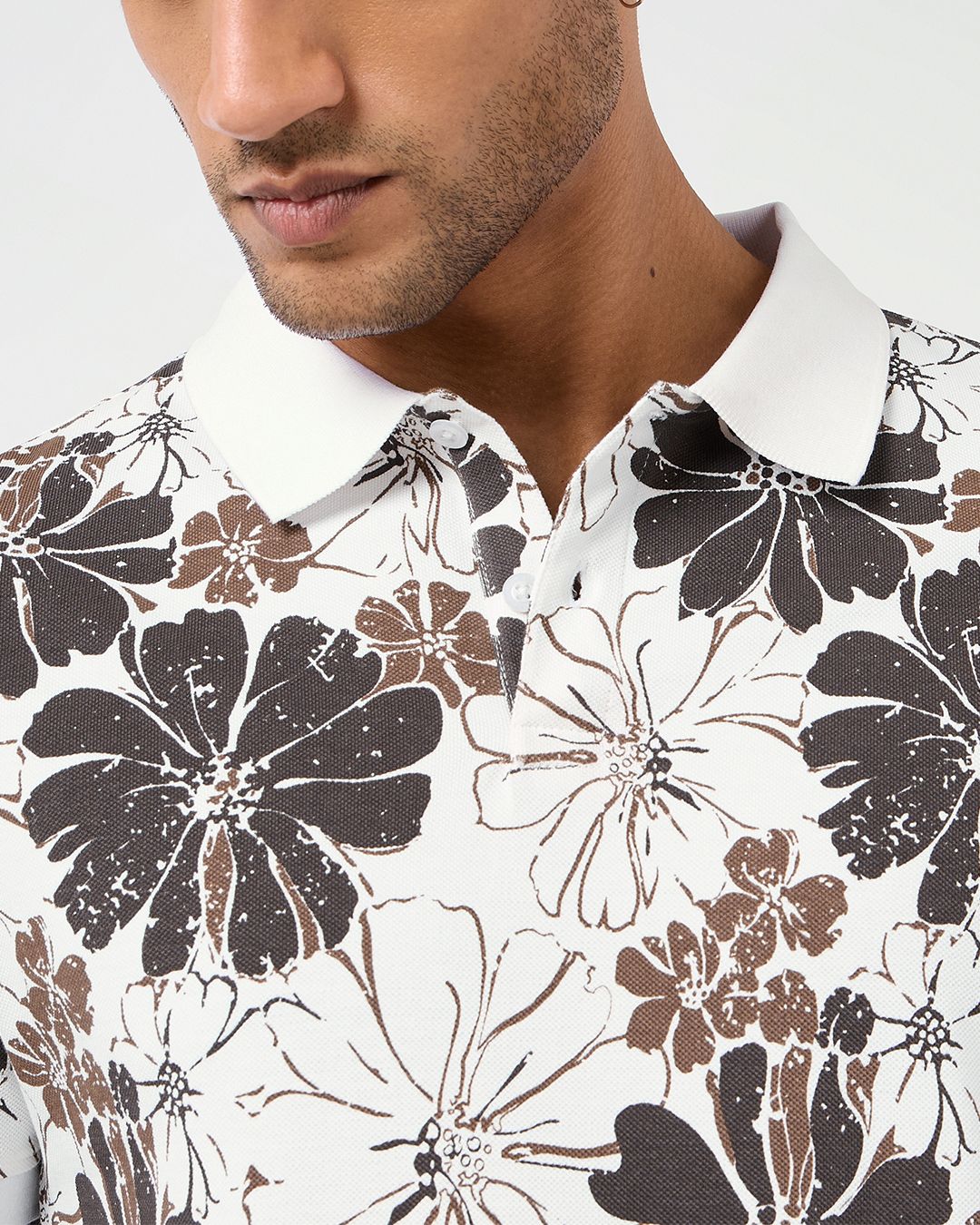 Men's White & Chocloate Brown All Over Printed Polo T-shirt Morrislane image 5