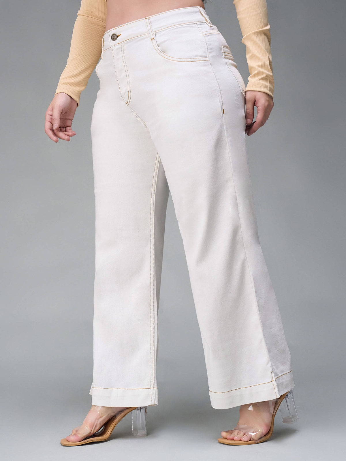 A+ Curve Collection Plus Size White Flared Mid Rise Denim Jeans | ST23 - view 2
