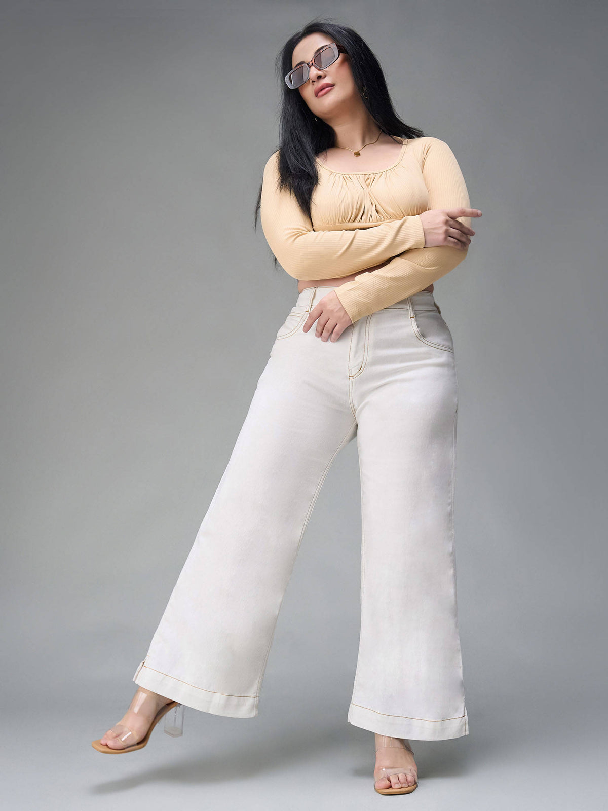 A+ Curve Collection Plus Size White Flared Mid Rise Denim Jeans | ST23 - view 3