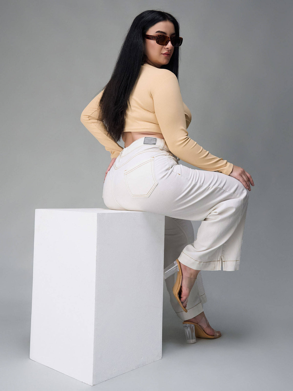 A+ Curve Collection Plus Size White Flared Mid Rise Denim Jeans | ST23 - view 6