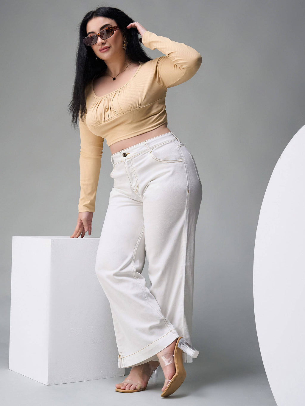 A+ Curve Collection Plus Size White Flared Mid Rise Denim Jeans | ST23 - view 7