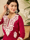 Women Red Viscose Rayon Embroidered Straight Kurta | FY93 - view 1