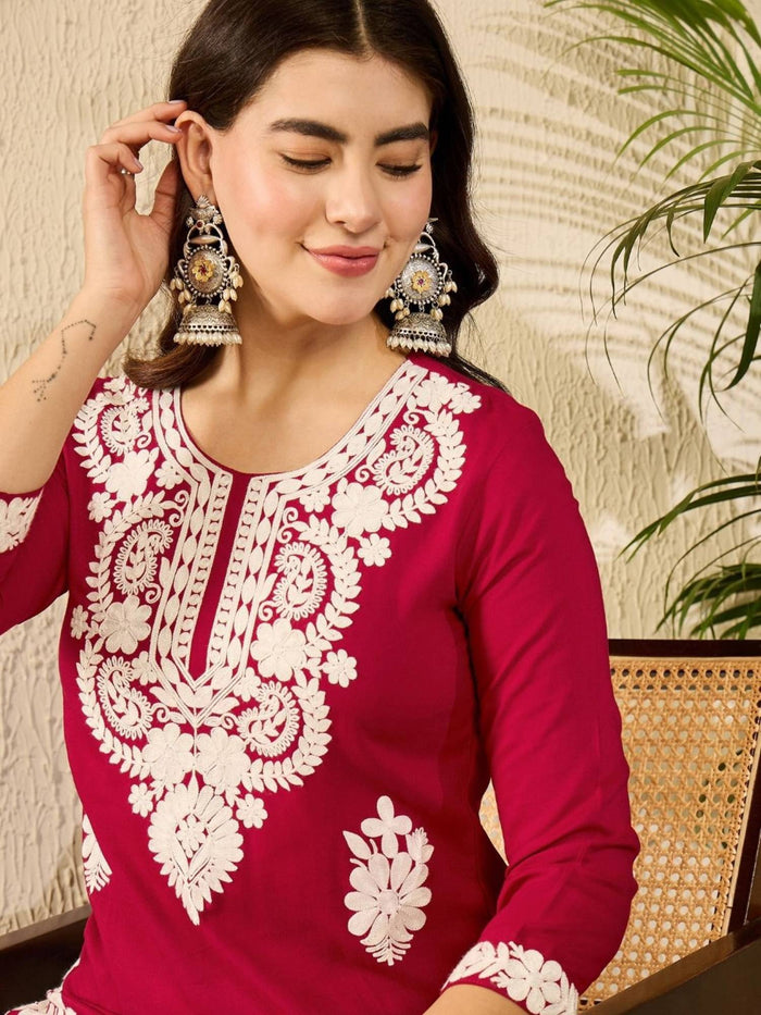 Women Red Viscose Rayon Embroidered Straight Kurta | FY93 - view 1