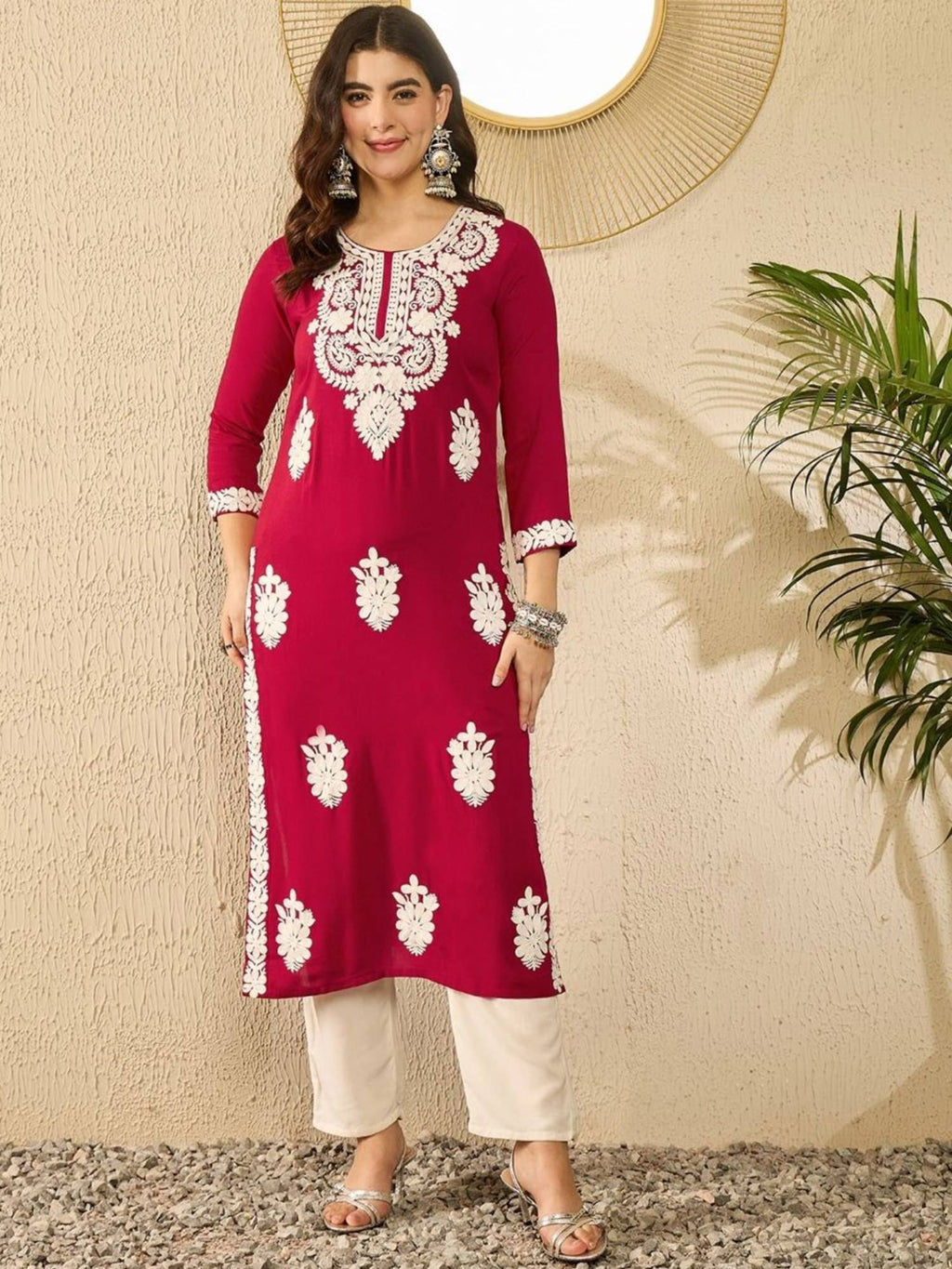 Women Red Viscose Rayon Embroidered Straight Kurta | KDG - view 2