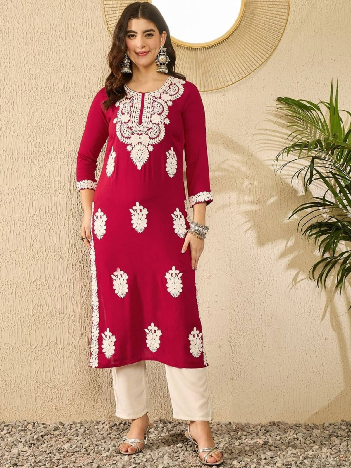 Women Red Viscose Rayon Embroidered Straight Kurta | KDG - view 2