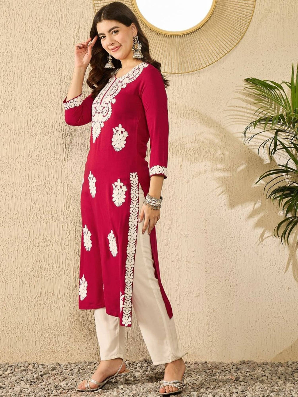 Women Red Viscose Rayon Embroidered Straight Kurta | KDG - view 3