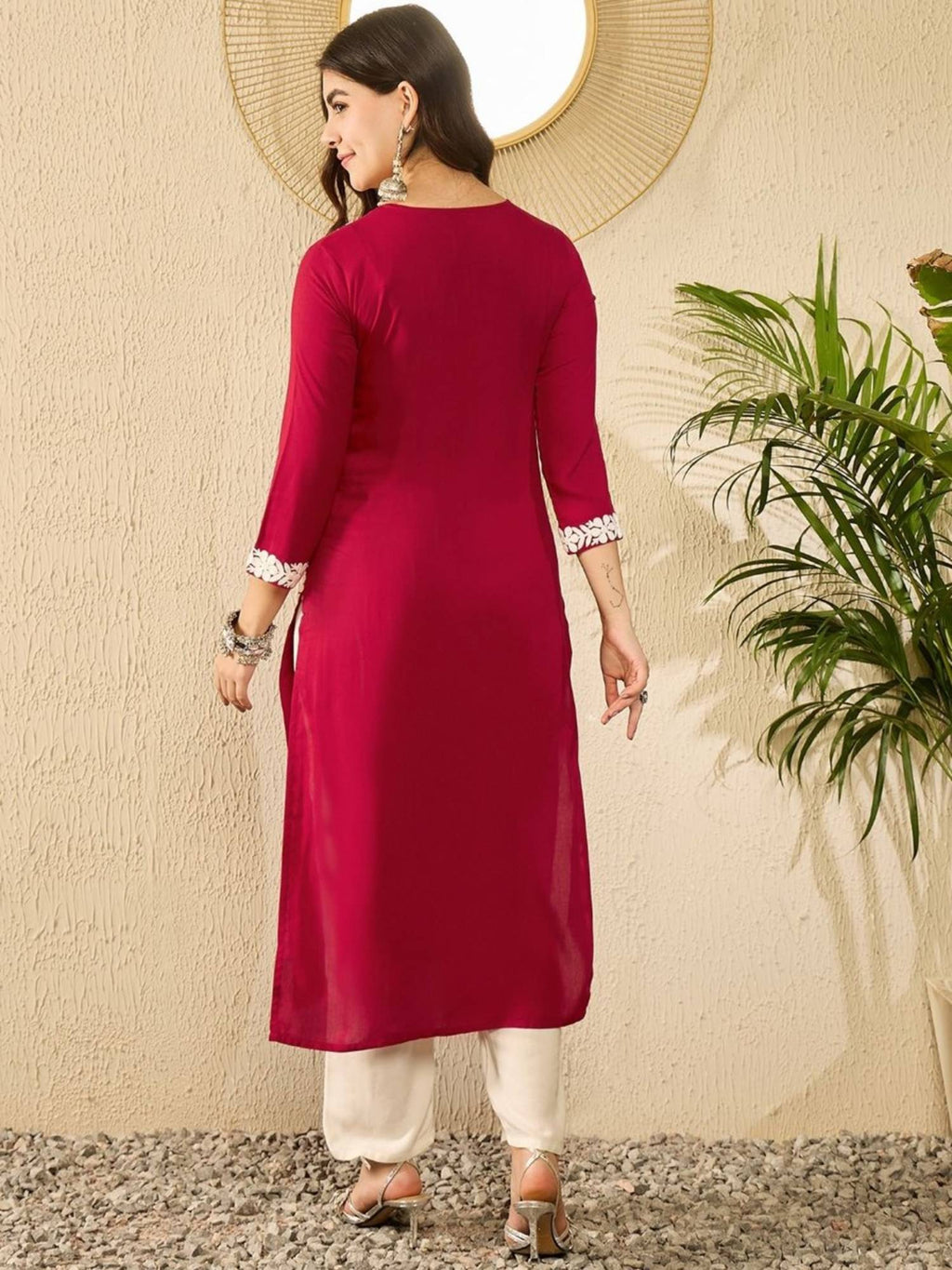 Women Red Viscose Rayon Embroidered Straight Kurta | KDG - view 4