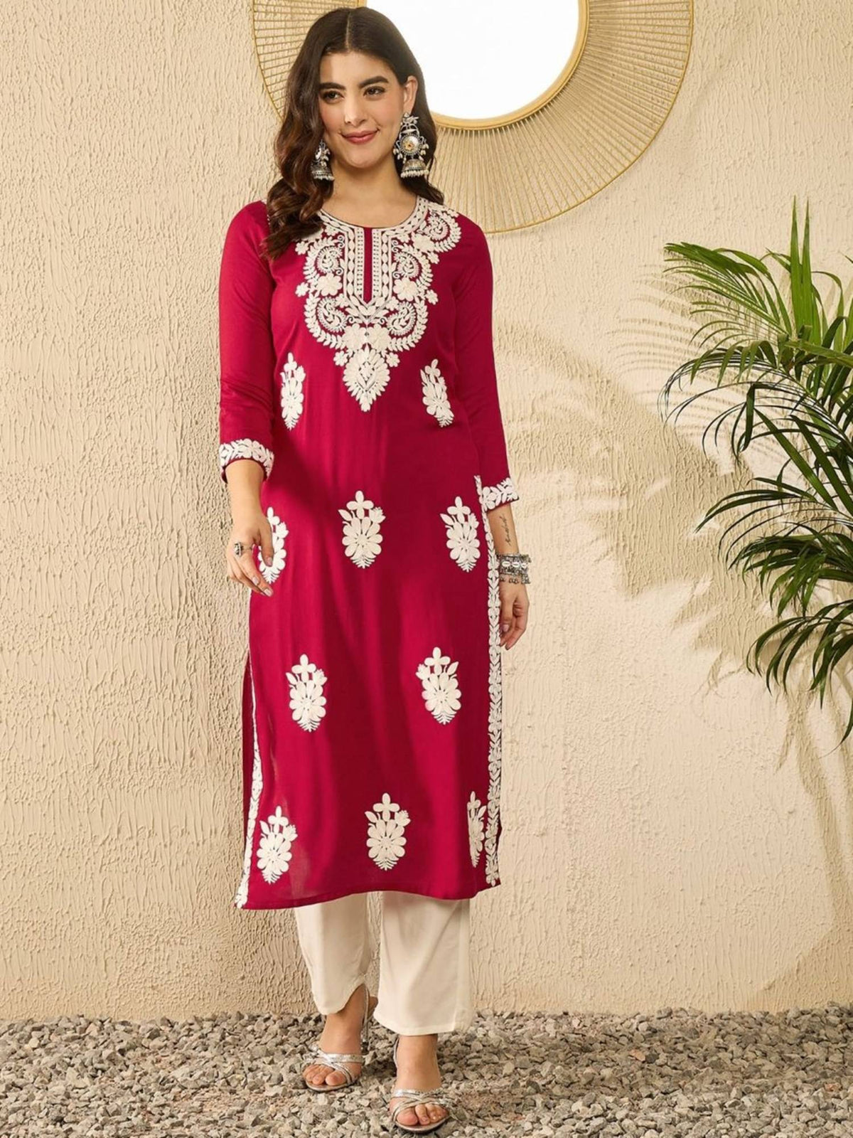 Women Red Viscose Rayon Embroidered Straight Kurta | KDG - view 5