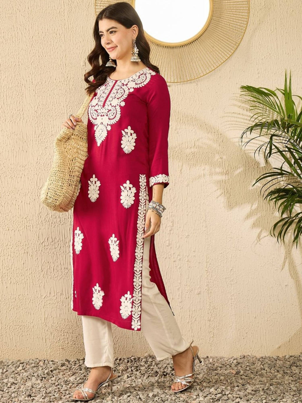 Women Red Viscose Rayon Embroidered Straight Kurta | KDG - view 6
