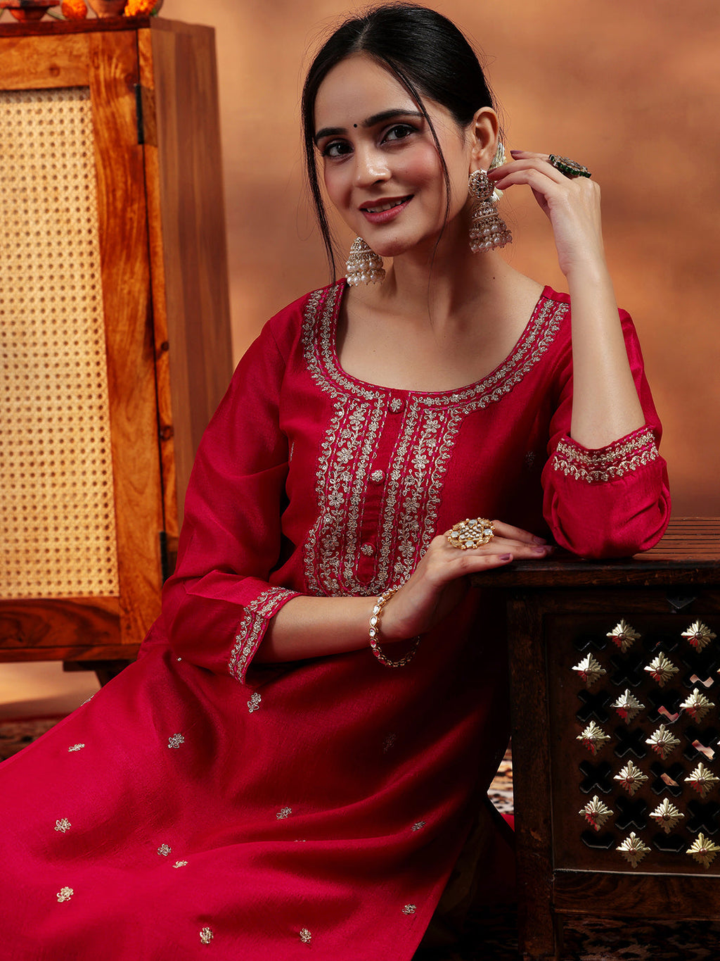 Libas Red Embroidered Silk Straight Kurta
