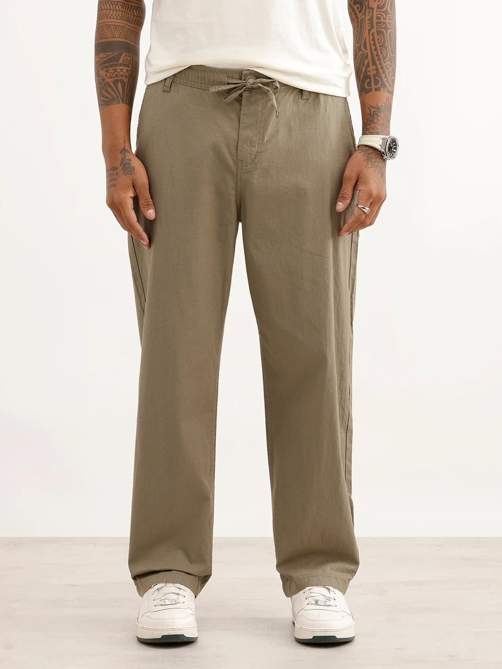 Solid Textured Loose Fit Trouser | Olive