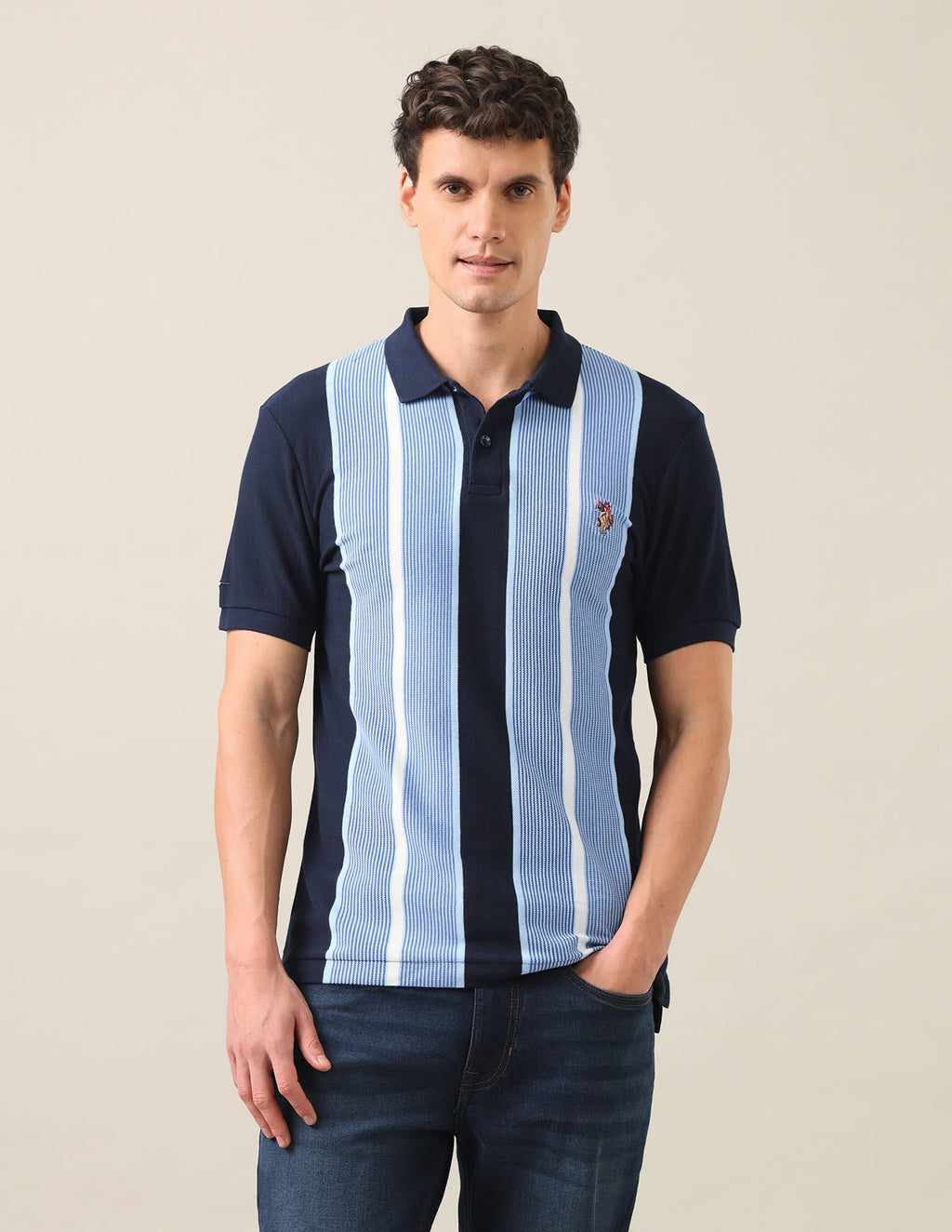 Colourblocked Vertical Striped Slim Fit Polo Shirt USP0