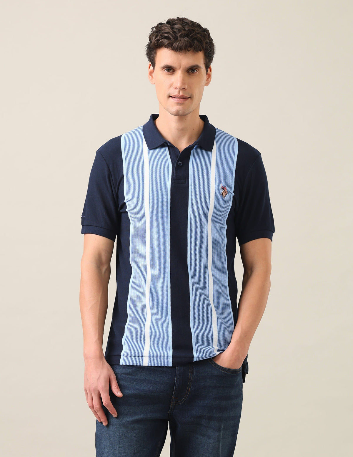 Colourblocked Vertical Striped Slim Fit Polo Shirt USP0