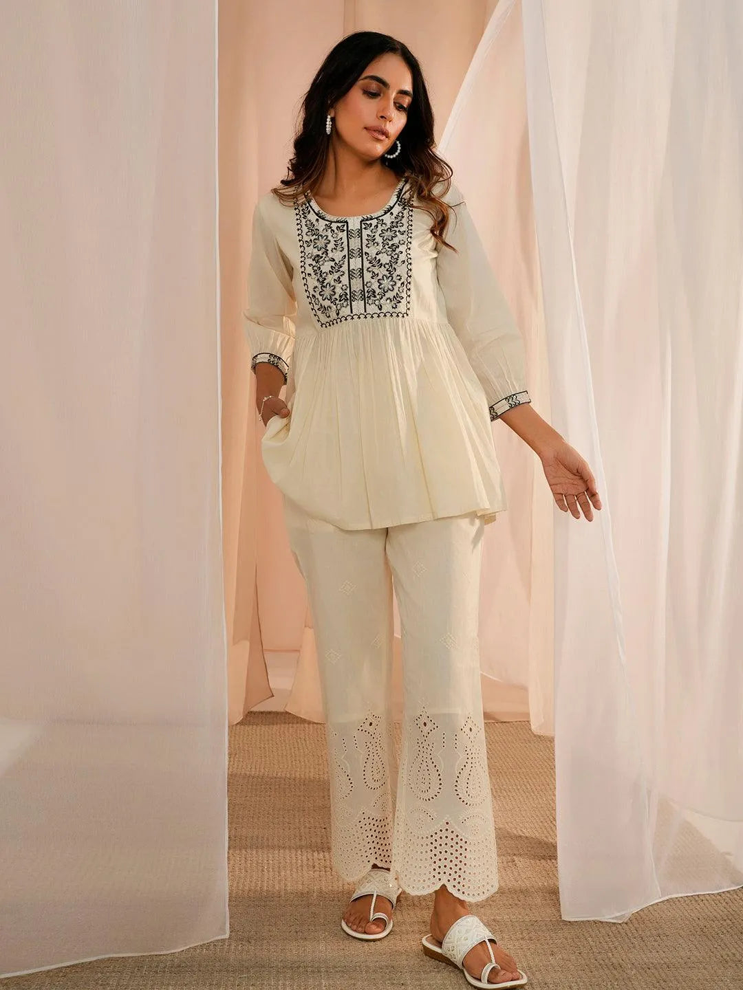 Libas Off White Yoke Design Cotton A-Line Kurti P23
