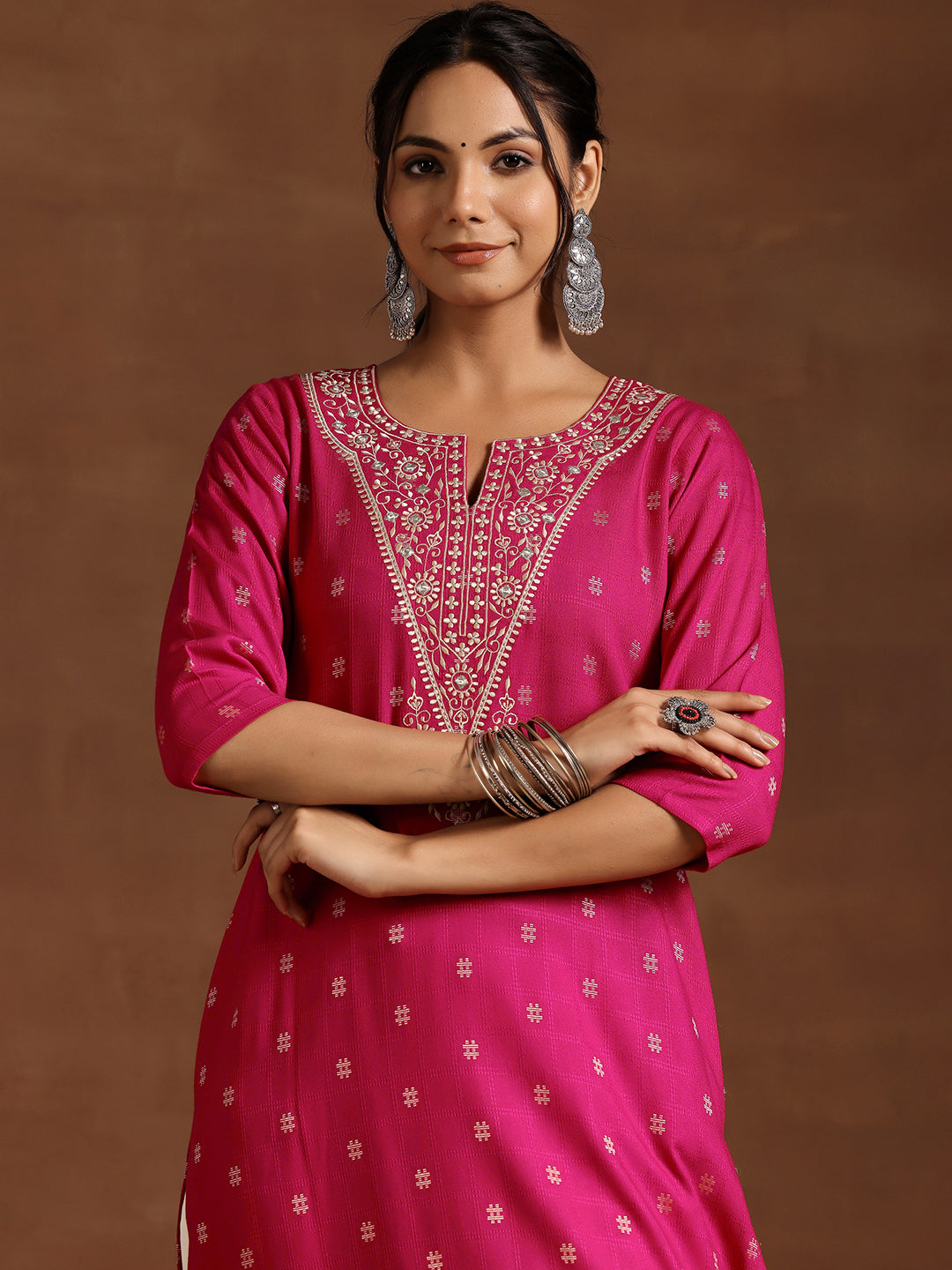Libas Pink Woven Design Rayon Straight Kurta