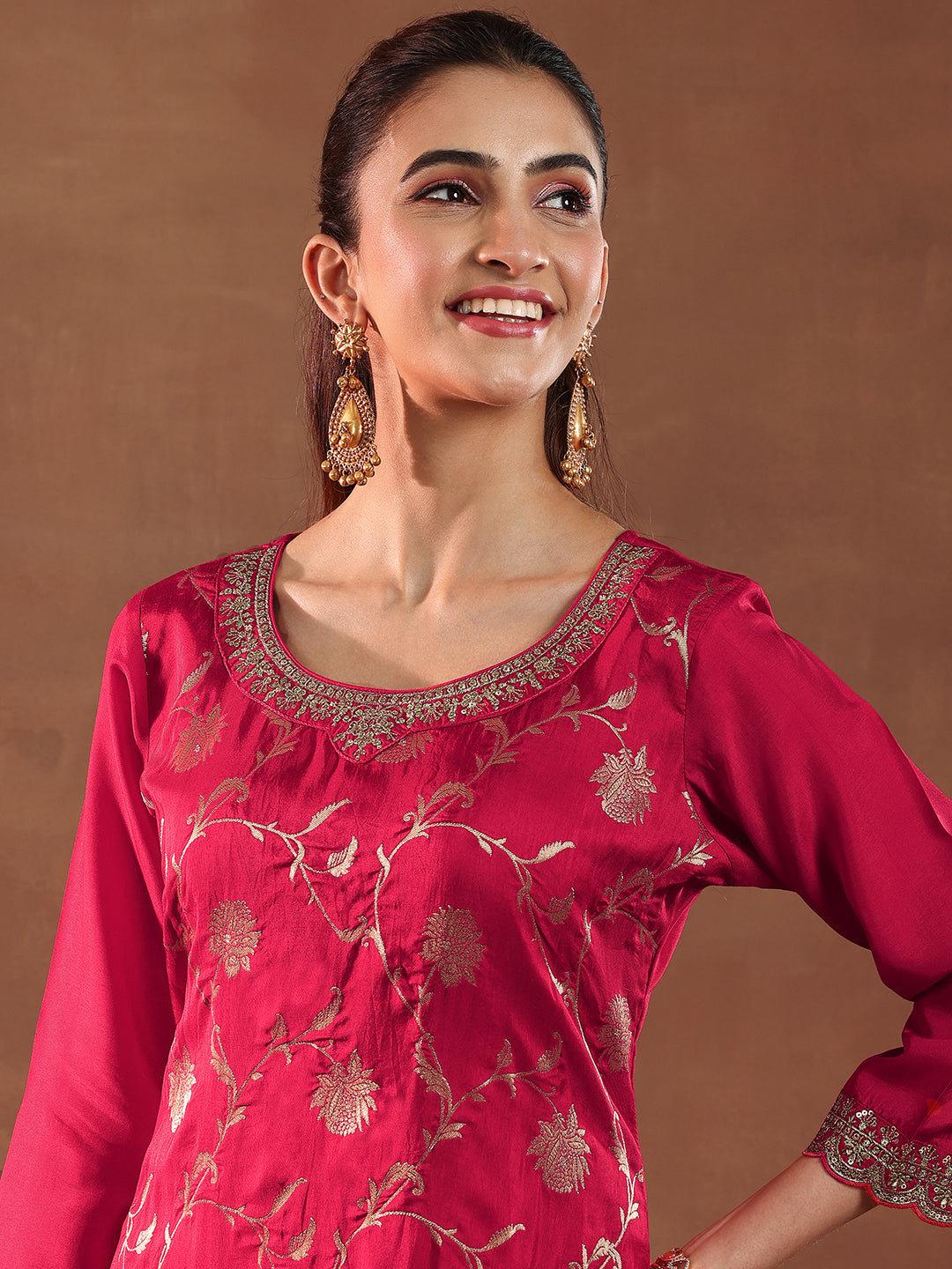 Libas Red Woven Design Silk Blend Straight Suit With Dupatta