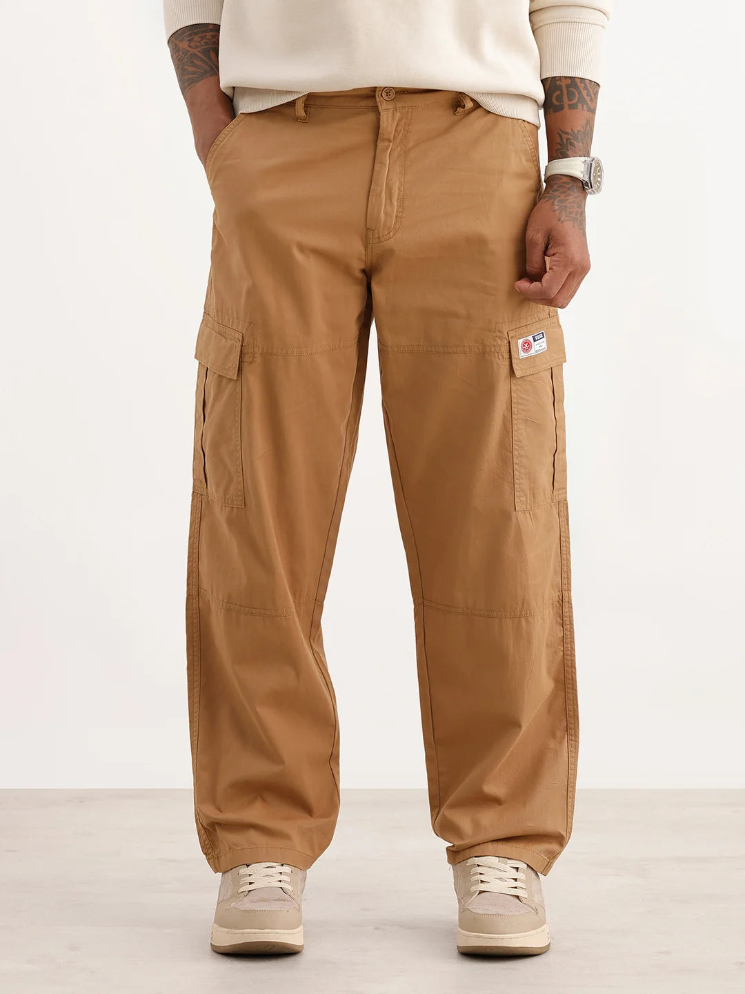 Solid Loose Fit Cargo Trousers | Brown